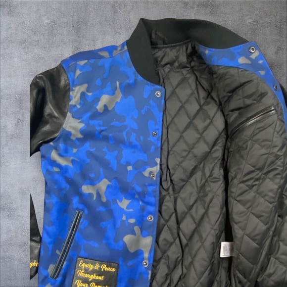 Blue and Black Custom Camouflage Men's Varsity Jacket. Size small,-2xl. - Picture 11 of 12